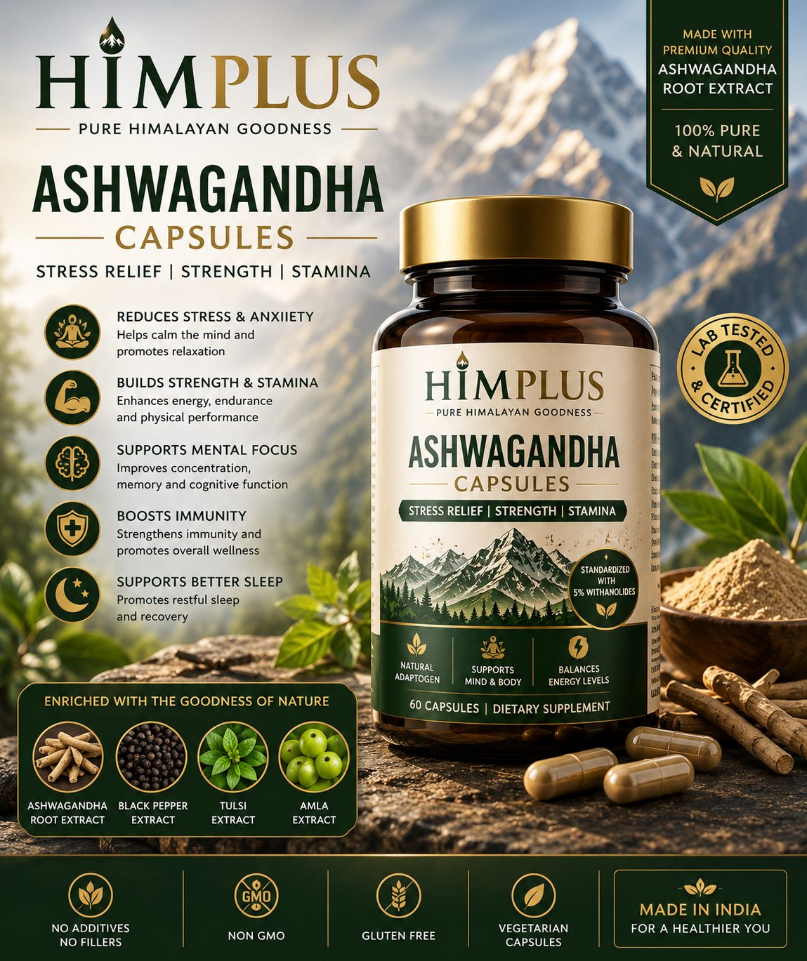 HIMPLUS Ashwagandha Capsules bottle with Himalayan backdrop