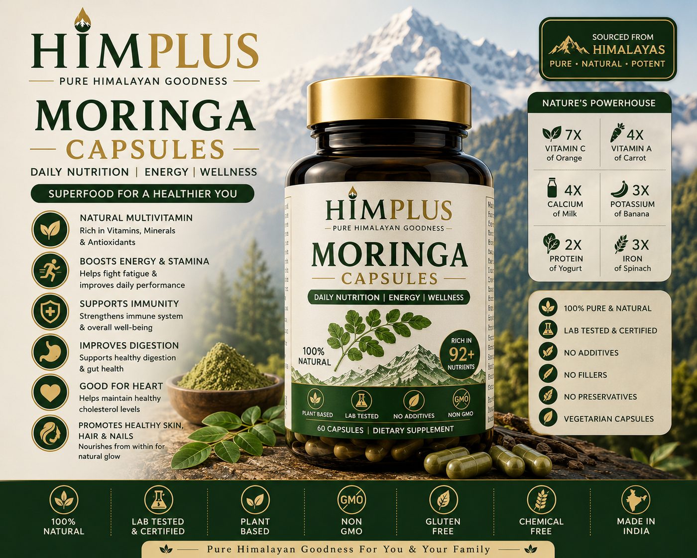 HIMPLUS Moringa Capsules bottle with moringa leaves