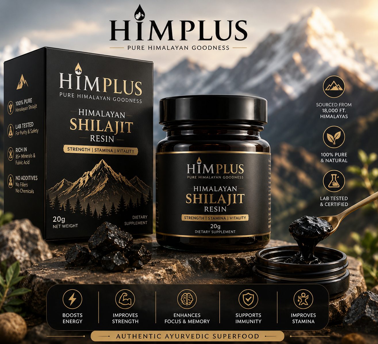 HIMPLUS Himalayan Shilajit Resin jar and box with mountain backdrop