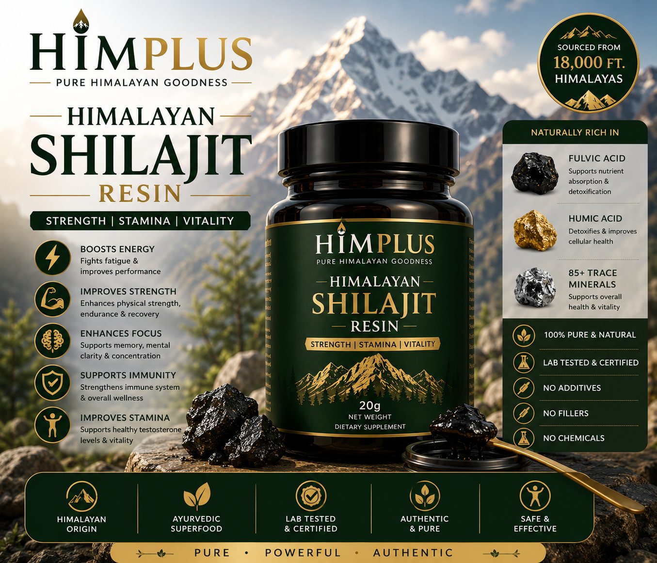 Himalayan Shilajit Resin jar with resin scoop, Himalayan backdrop